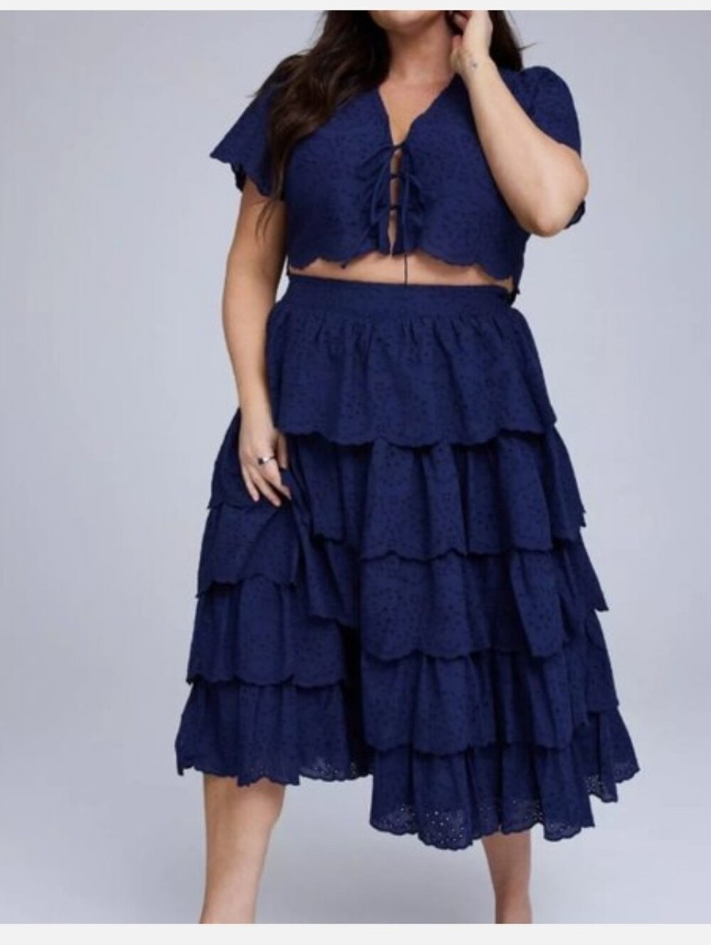 Nwot BELLE ISLE PULL ON TIERED EYELET MIDI SKIRT &TIE FRONT CROP TOP 0x